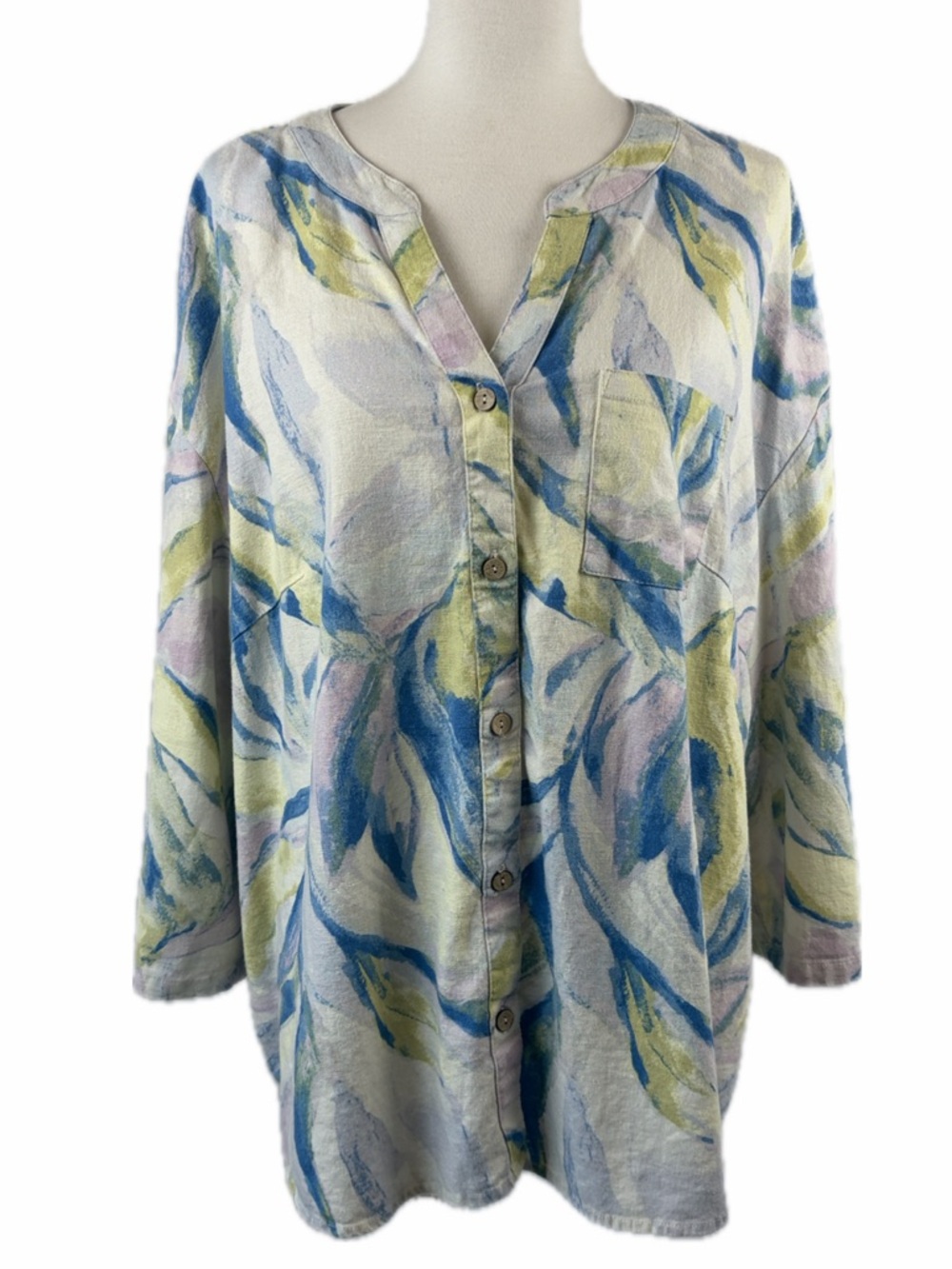 Cupio Linen Blend Pastel Wash Print Top Size 2X Roll Tab 3/4 Sleeve Beachy Artsy